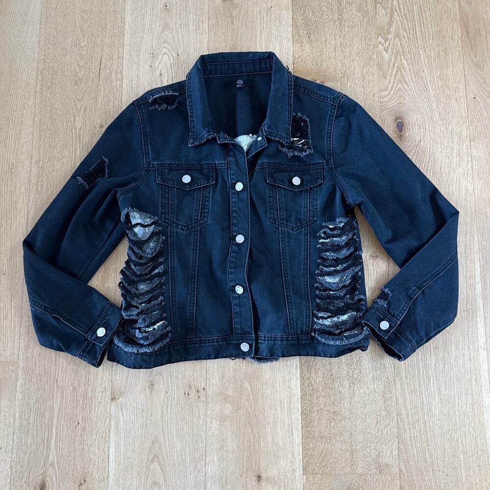 Missguided Denim Jacket Ripped Sequins Size 6 Black Silver